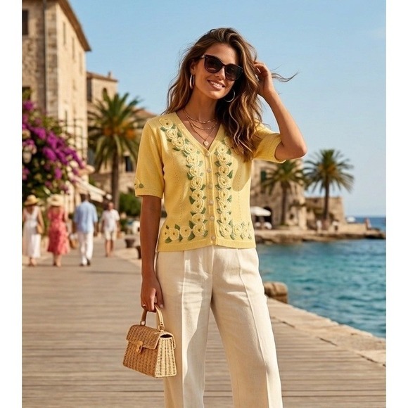 Royal Alpaca Sweaters - Vintage Yellow Cotton Cardigan Floral Embroidery Short Sleeve Cottagecore S
